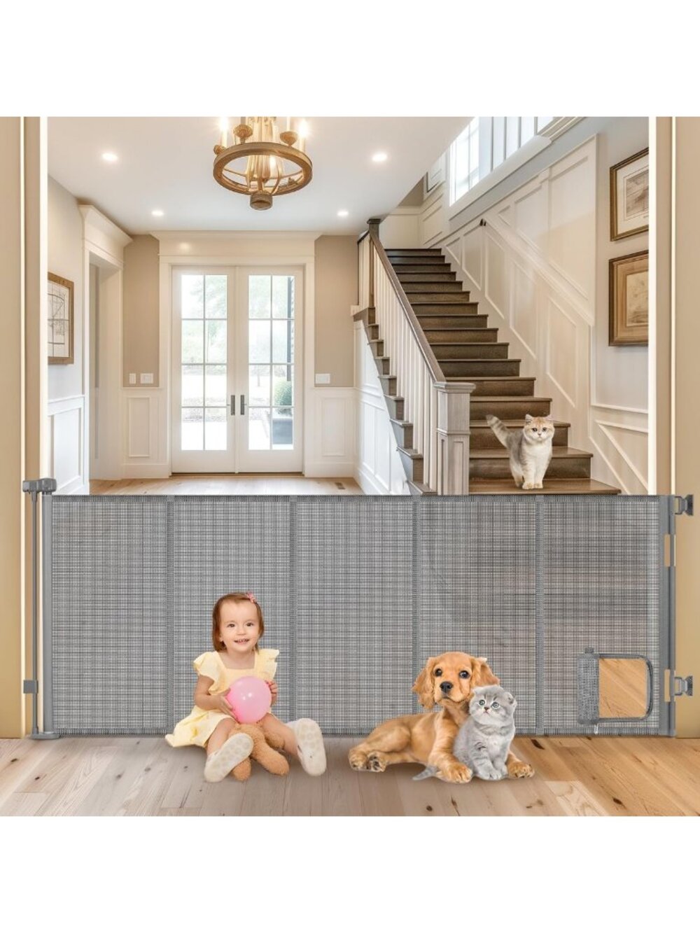 Extra Wide 90” Retractable Pet Gate with Cat Door - 33" Tall Mesh Safety Gate